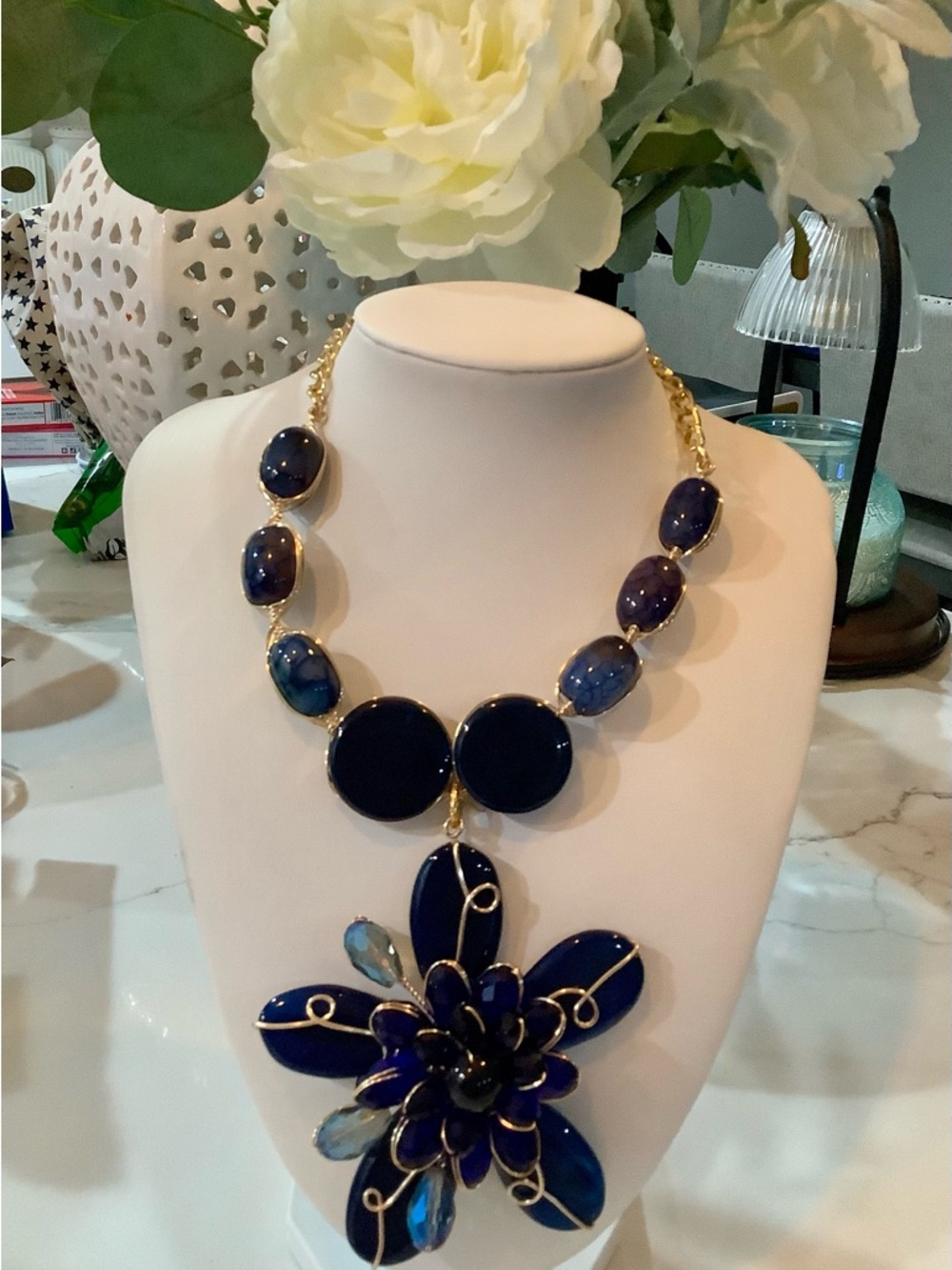 Handmade Navy Blue Flower Pendant Necklace - Women Jewelry